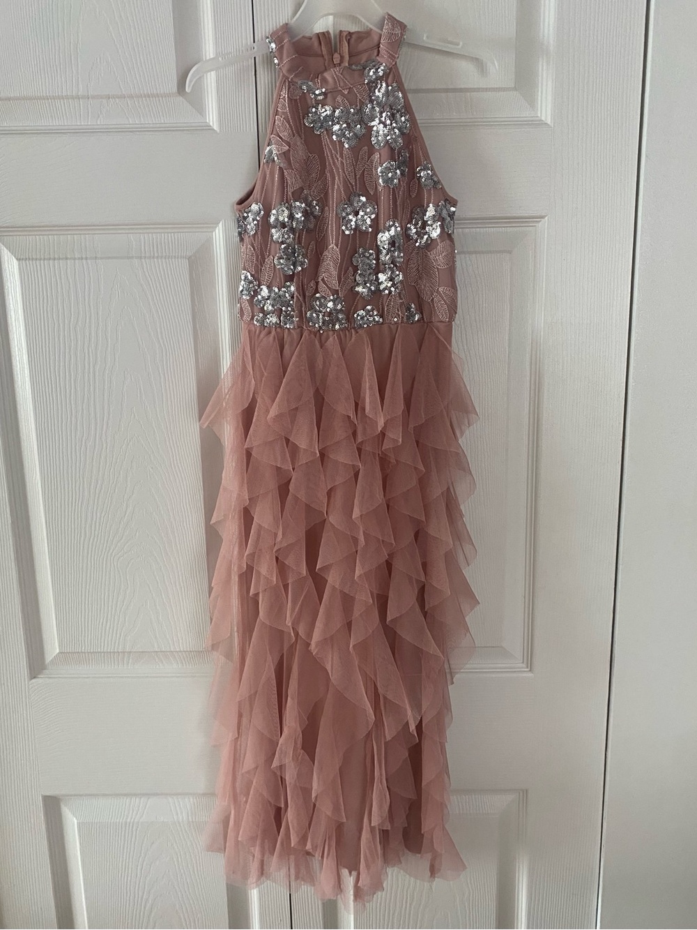 Girls' Dusty Rose Sequin Floral Ruffle Halter Dress